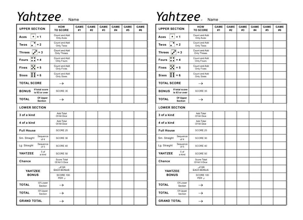 Printable Yahtzee Score Sheets Card HD