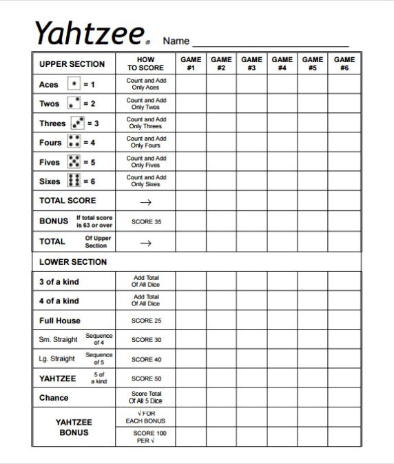 Printable Yahtzee Score Sheets Card HD