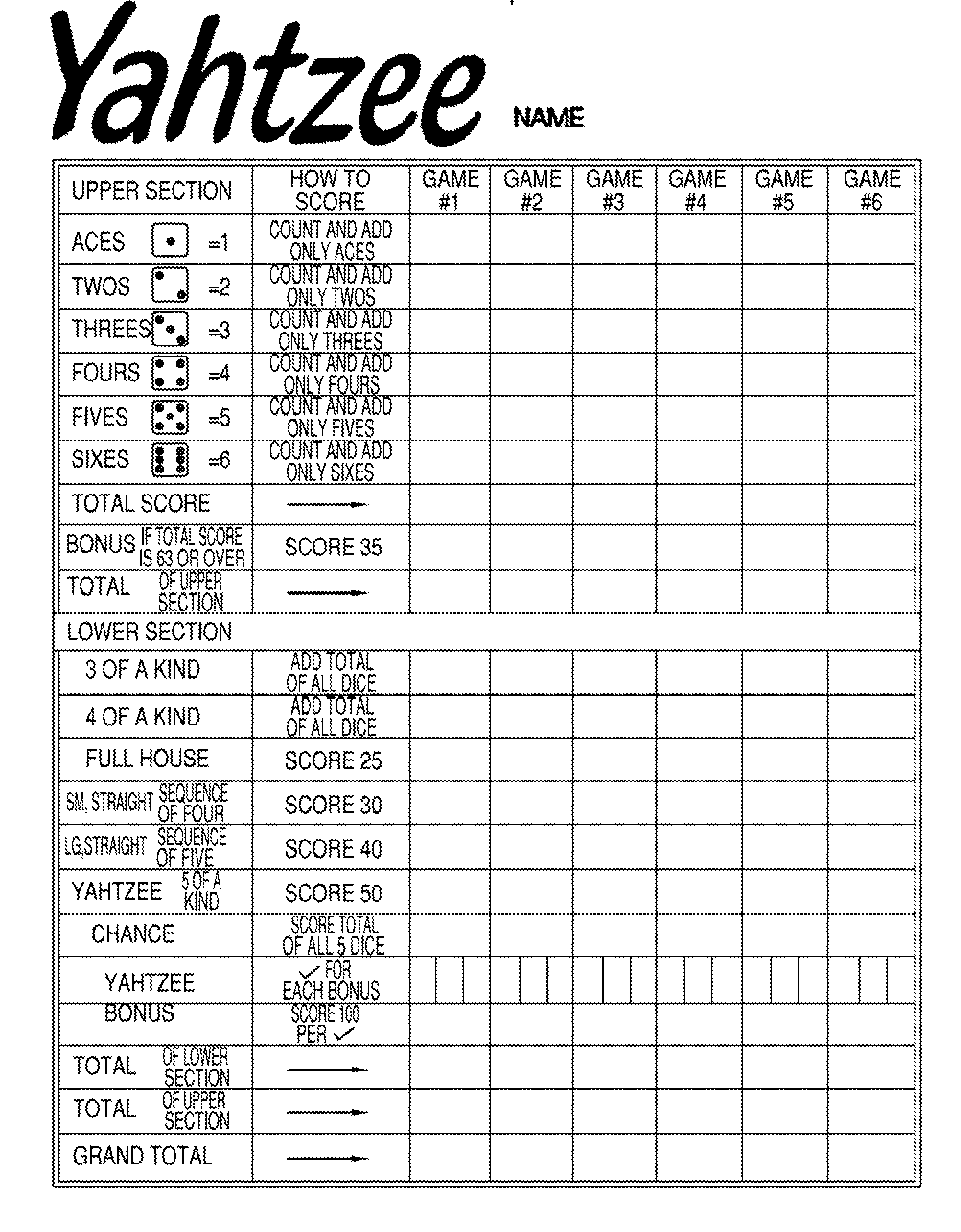 Yahtzee Score Card Printable Free