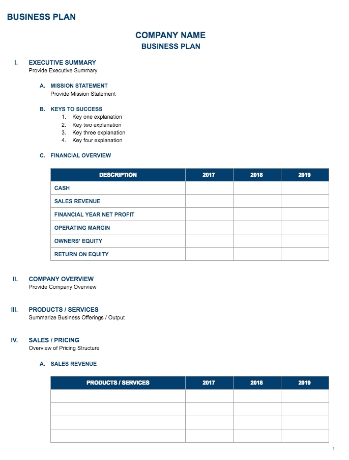 business planning document template