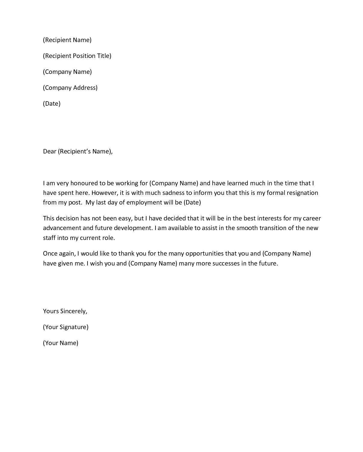 Resignation Letter Template Letter Of Resignation Template