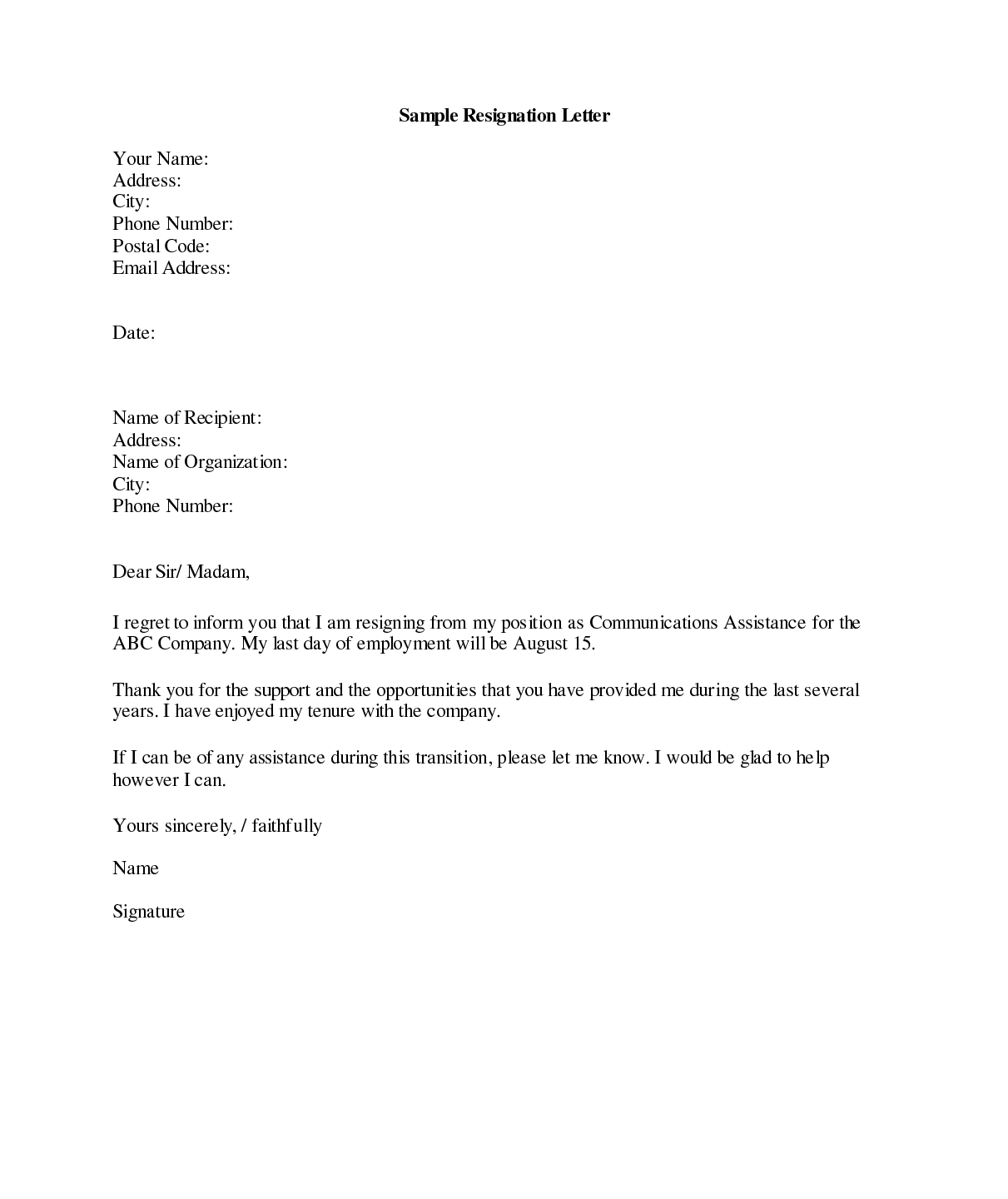 Free Printable Resignation Letter
