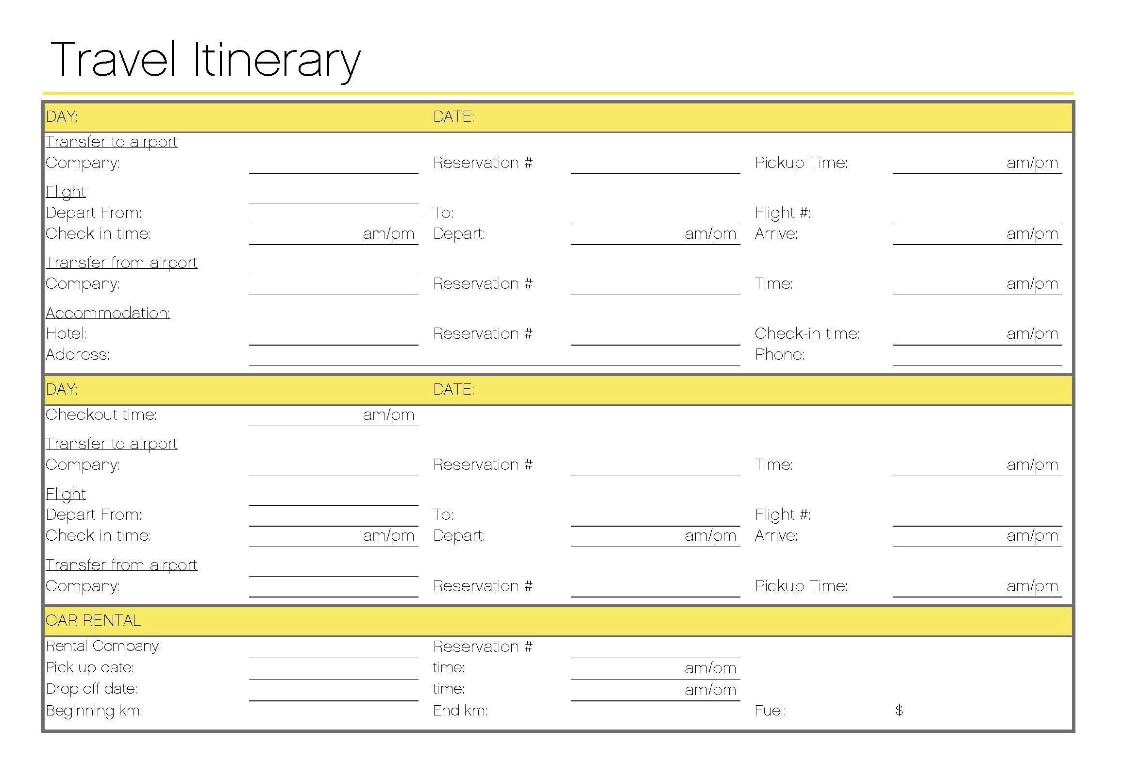 Itinerary Template For Excel