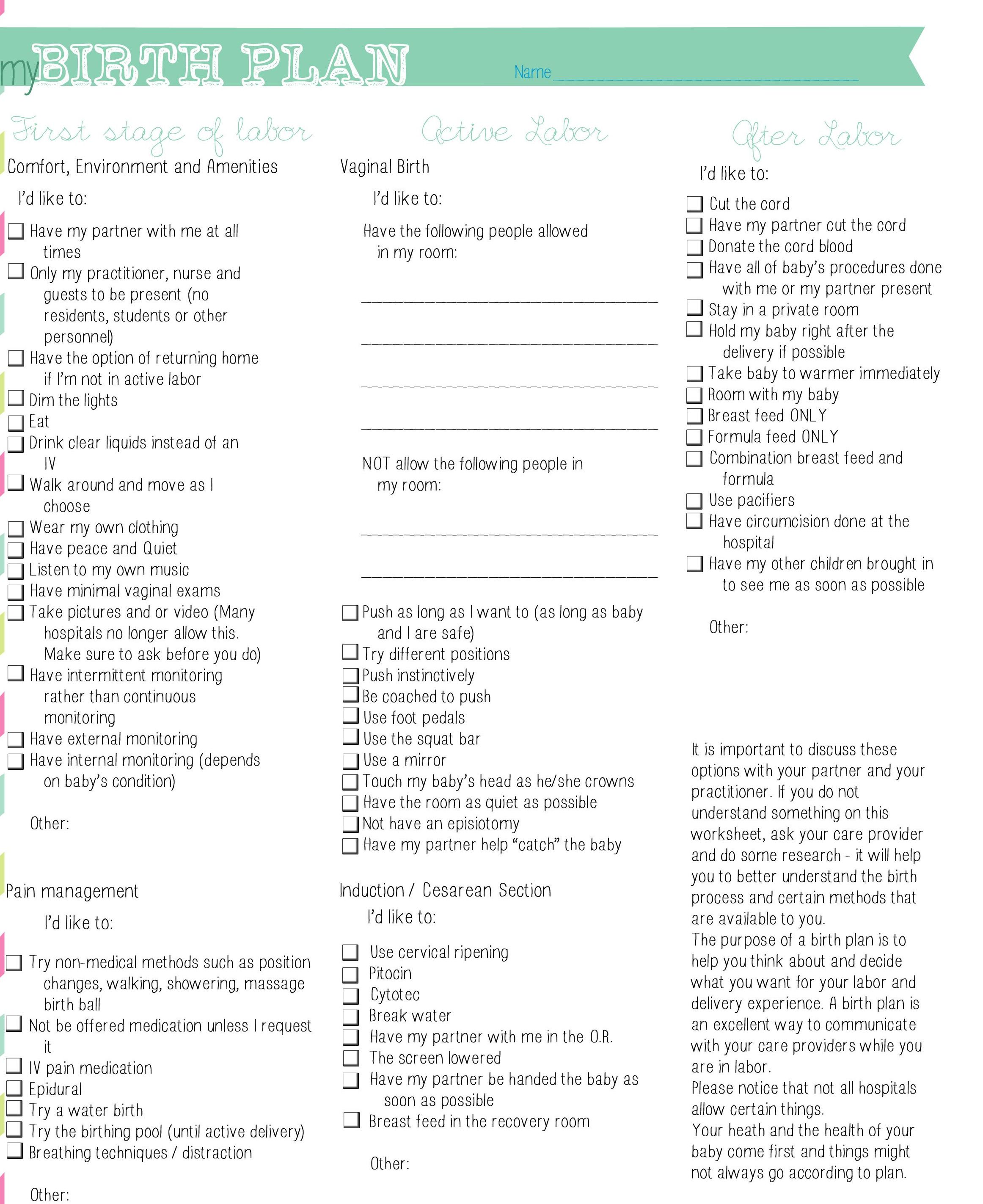 Birth Plan Template Word